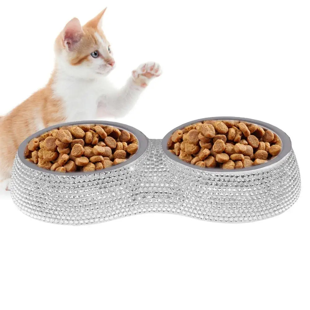 Double Pet Bowl Bling Bling Rhinestone Cat Dog Food Water Feeder Stainless Steel Dog Bowl Feeding Supplies Pets Accessories