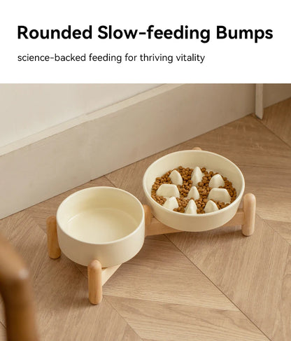 Ceramic Double Dog Bowl Set with Wooden Stand – Elevated Slow Feeder & Water Food Bowls for Medium Large Pets, Anti-Slip