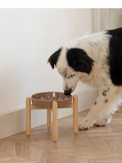 Ceramic Double Dog Bowl Set with Wooden Stand – Elevated Slow Feeder & Water Food Bowls for Medium Large Pets, Anti-Slip