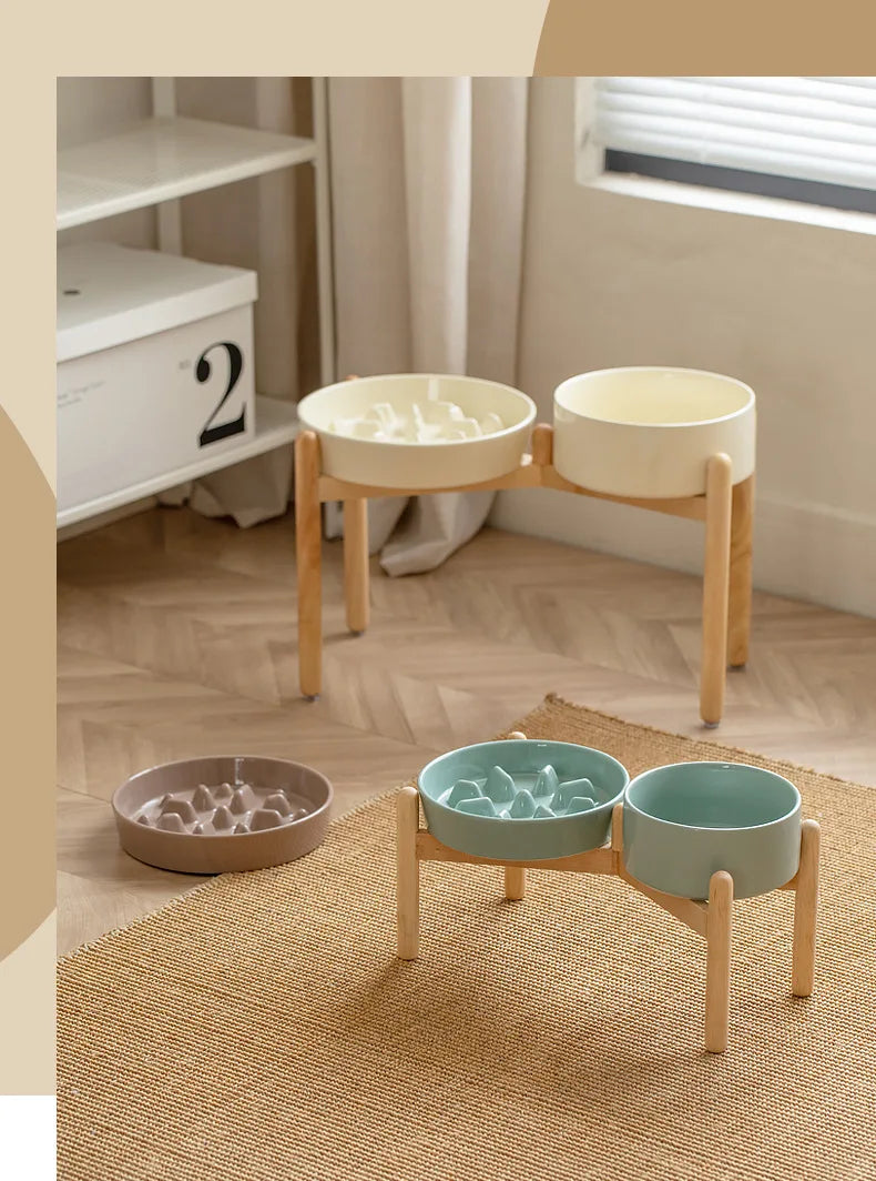 Ceramic Double Dog Bowl Set with Wooden Stand – Elevated Slow Feeder & Water Food Bowls for Medium Large Pets, Anti-Slip