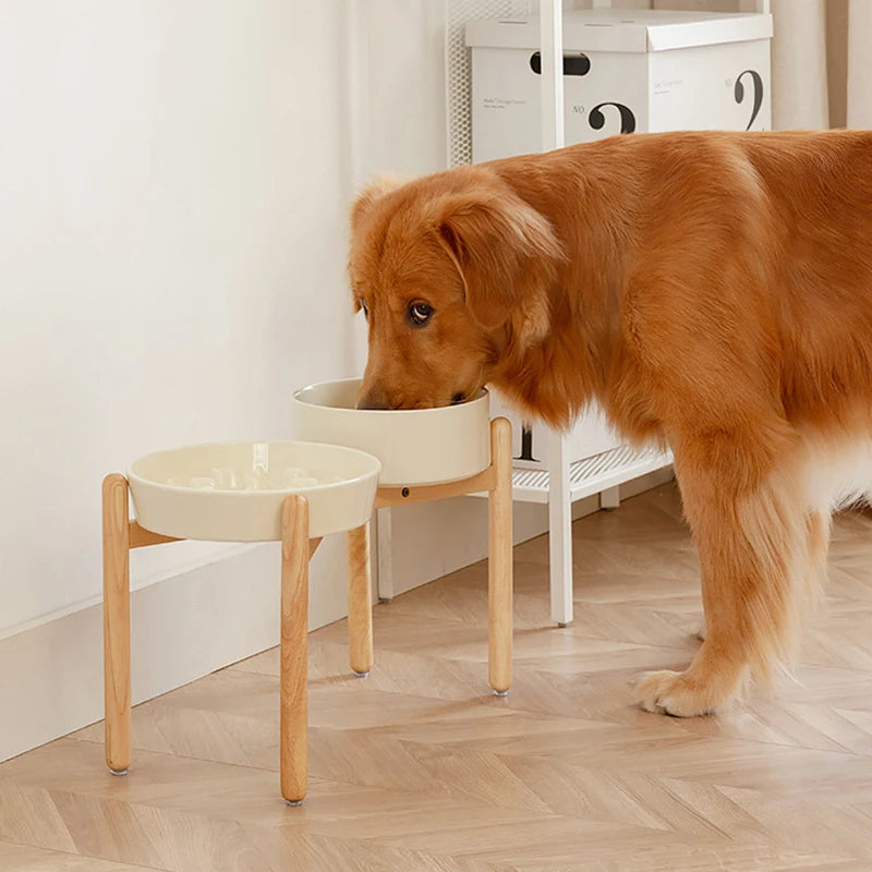 Ceramic Double Dog Bowl Set with Wooden Stand – Elevated Slow Feeder & Water Food Bowls for Medium Large Pets, Anti-Slip