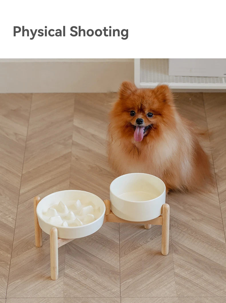 Ceramic Double Dog Bowl Set with Wooden Stand – Elevated Slow Feeder & Water Food Bowls for Medium Large Pets, Anti-Slip