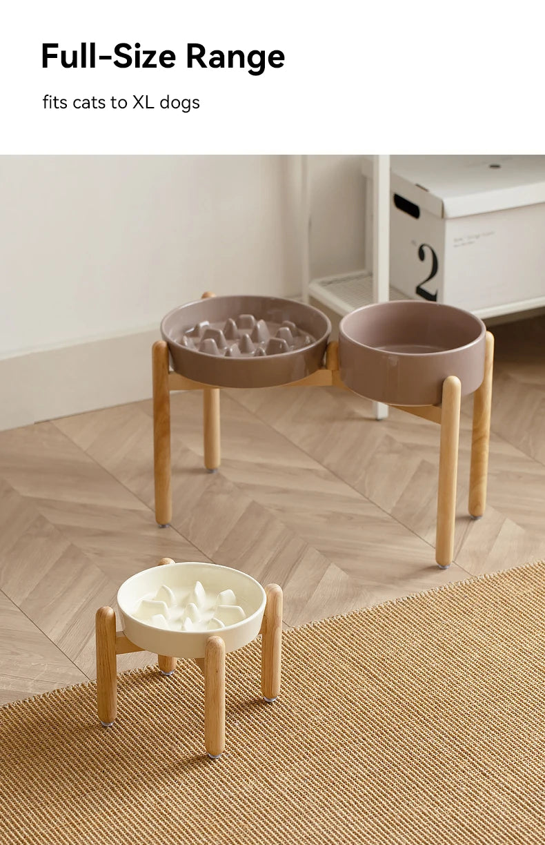 Ceramic Double Dog Bowl Set with Wooden Stand – Elevated Slow Feeder & Water Food Bowls for Medium Large Pets, Anti-Slip