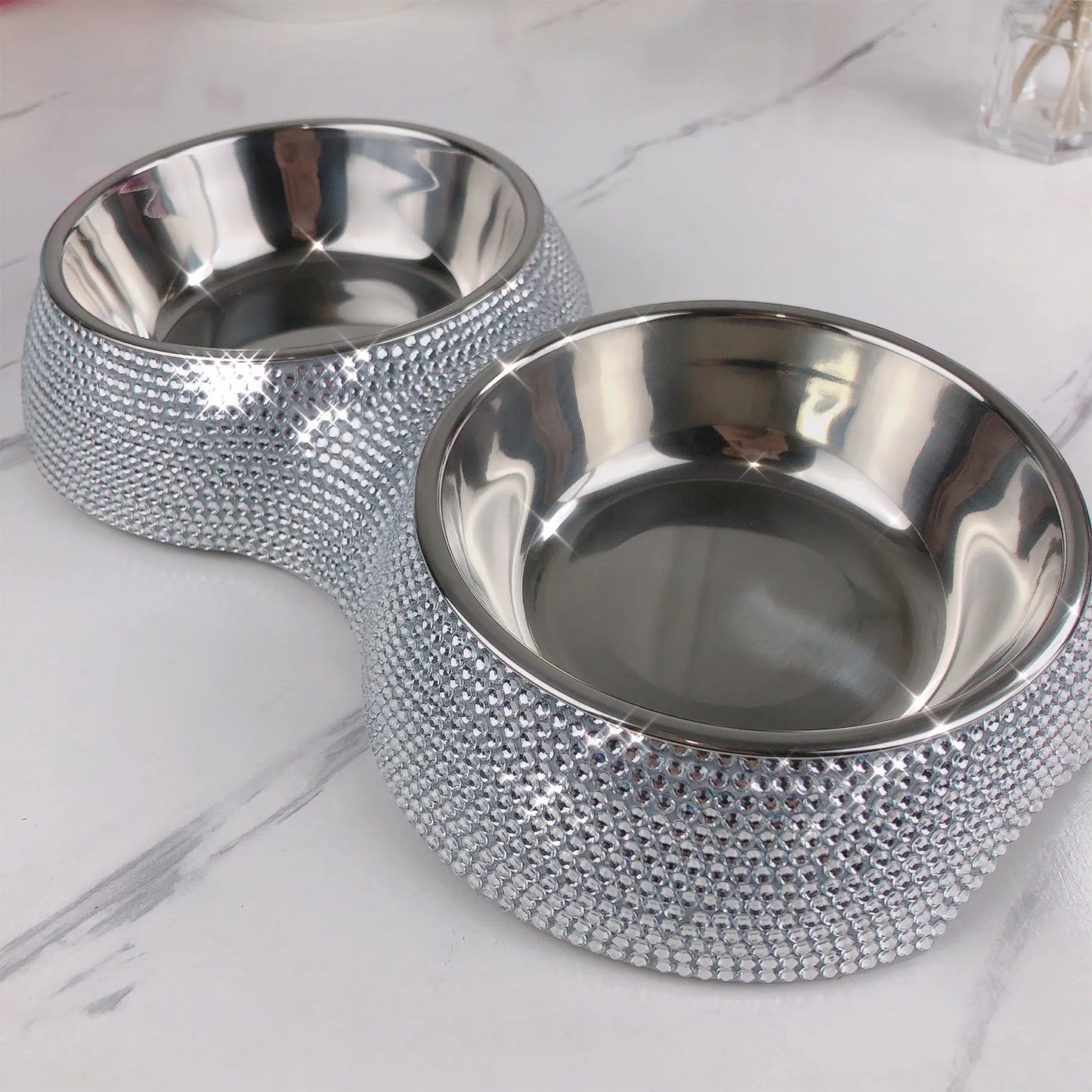 Double Pet Bowl Bling Bling Rhinestone Cat Dog Food Water Feeder Stainless Steel Dog Bowl Feeding Supplies Pets Accessories