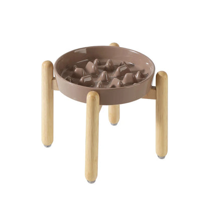 Ceramic Double Dog Bowl Set with Wooden Stand – Elevated Slow Feeder & Water Food Bowls for Medium Large Pets, Anti-Slip