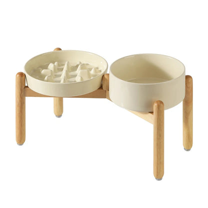 Ceramic Double Dog Bowl Set with Wooden Stand – Elevated Slow Feeder & Water Food Bowls for Medium Large Pets, Anti-Slip