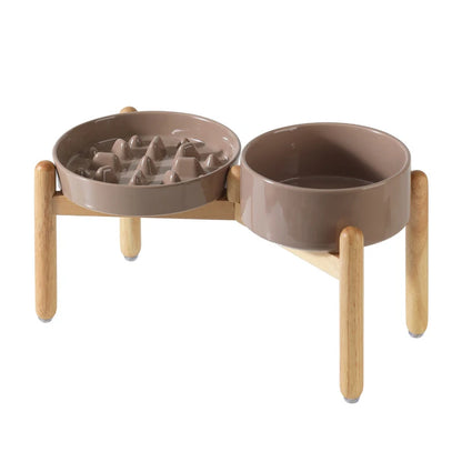 Ceramic Double Dog Bowl Set with Wooden Stand – Elevated Slow Feeder & Water Food Bowls for Medium Large Pets, Anti-Slip