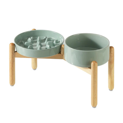 Ceramic Double Dog Bowl Set with Wooden Stand – Elevated Slow Feeder & Water Food Bowls for Medium Large Pets, Anti-Slip
