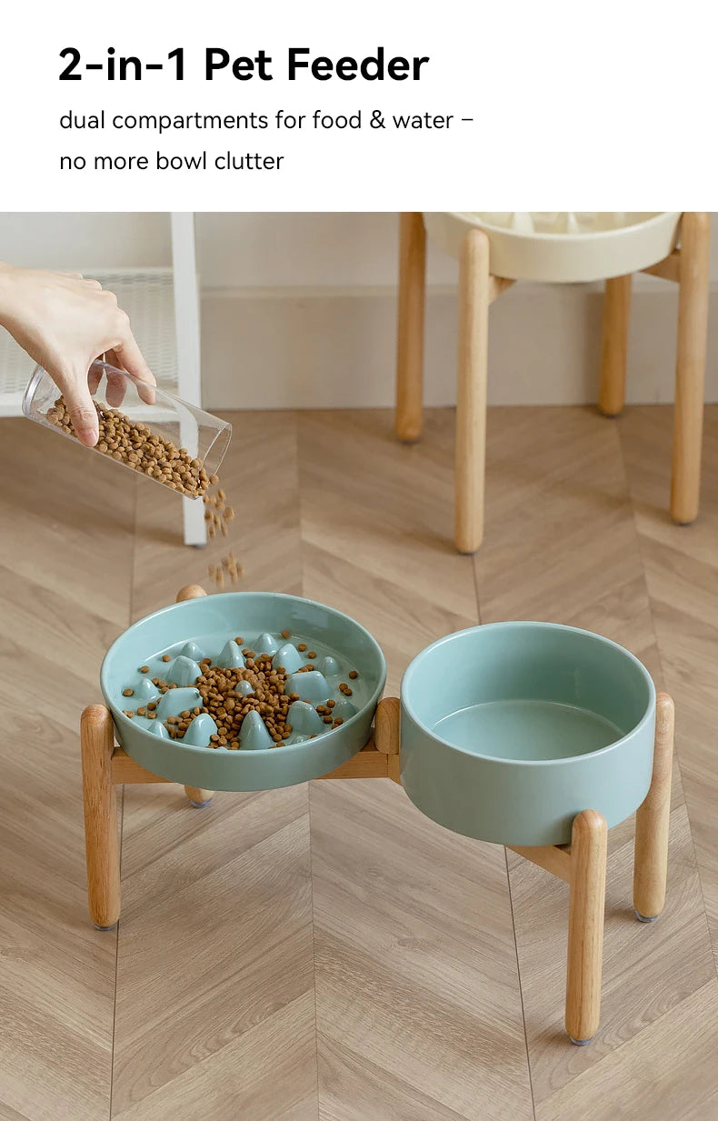 Ceramic Double Dog Bowl Set with Wooden Stand – Elevated Slow Feeder & Water Food Bowls for Medium Large Pets, Anti-Slip