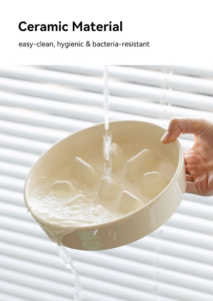 Ceramic Double Dog Bowl Set with Wooden Stand – Elevated Slow Feeder & Water Food Bowls for Medium Large Pets, Anti-Slip