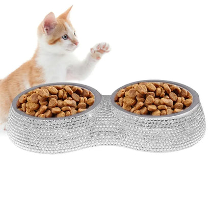 Double Pet Bowl Bling Bling Rhinestone Cat Dog Food Water Feeder Stainless Steel Dog Bowl Feeding Supplies Pets Accessories