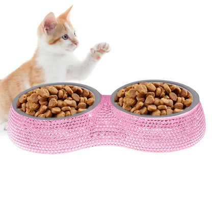 Double Pet Bowl Bling Bling Rhinestone Cat Dog Food Water Feeder Stainless Steel Dog Bowl Feeding Supplies Pets Accessories