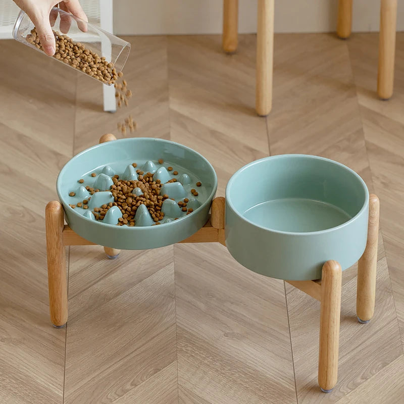 Ceramic Double Dog Bowl Set with Wooden Stand – Elevated Slow Feeder & Water Food Bowls for Medium Large Pets, Anti-Slip