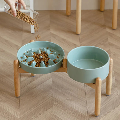 Ceramic Double Dog Bowl Set with Wooden Stand – Elevated Slow Feeder & Water Food Bowls for Medium Large Pets, Anti-Slip