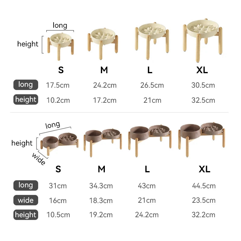 Ceramic Double Dog Bowl Set with Wooden Stand – Elevated Slow Feeder & Water Food Bowls for Medium Large Pets, Anti-Slip