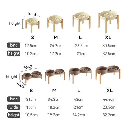 Ceramic Double Dog Bowl Set with Wooden Stand – Elevated Slow Feeder & Water Food Bowls for Medium Large Pets, Anti-Slip
