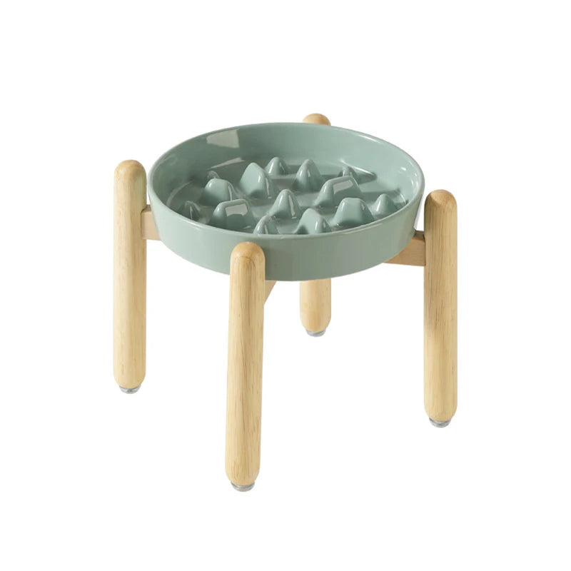 Ceramic Double Dog Bowl Set with Wooden Stand – Elevated Slow Feeder & Water Food Bowls for Medium Large Pets, Anti-Slip