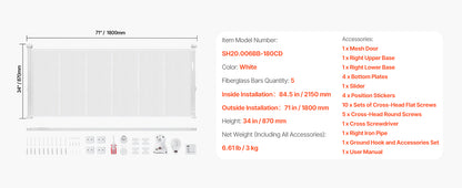 SucceBuy 55/71/110in Retractable Baby Gate 34in Tall Extends Wide Retractable Gate for Kids Pets Mesh Material Easy to Install