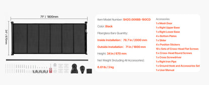 SucceBuy 55/71/110in Retractable Baby Gate 34in Tall Extends Wide Retractable Gate for Kids Pets Mesh Material Easy to Install