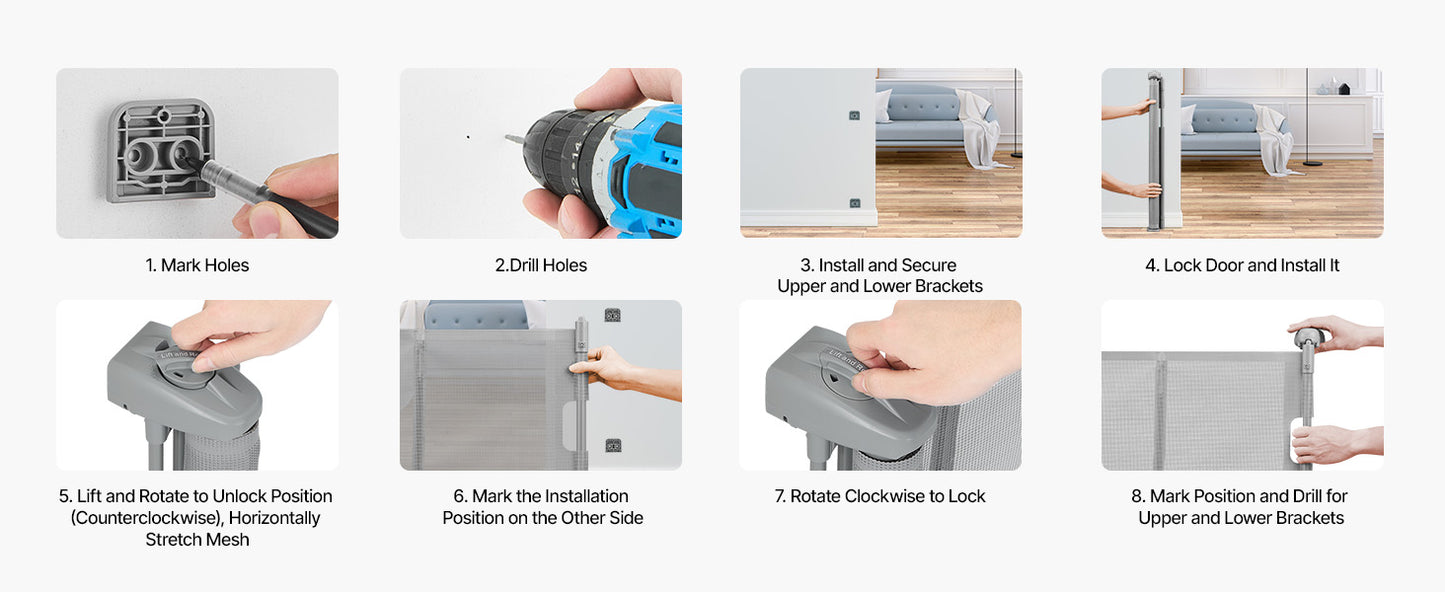 SucceBuy 55/71/110in Retractable Baby Gate 34in Tall Extends Wide Retractable Gate for Kids Pets Mesh Material Easy to Install